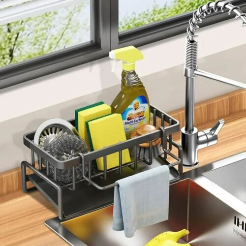Wrought iron storage basket for sponges and soap with self-draining drawer