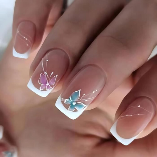 24 pieces reusable short square false nails (white edge, butterfly)