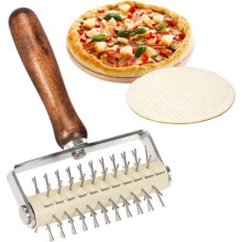 Dough roller, stainless steel needle roller, pizza dough roller with wooden handle, dishwasher safe