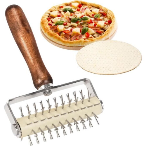 Dough roller, stainless steel needle roller, pizza dough roller with wooden handle, dishwasher safe