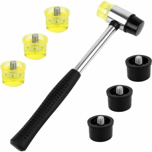 Double-sided rubber mallet with 6 interchangeable striking surfaces, non-slip handle, black and yellow, VHV