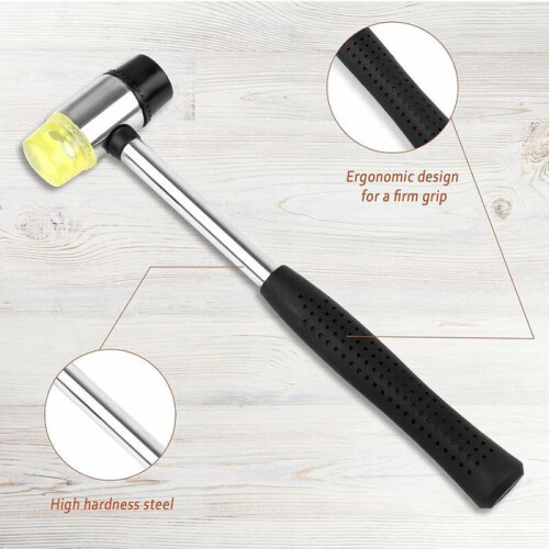 Double-sided rubber mallet with 6 interchangeable striking surfaces, non-slip handle, black and yellow, VHV 2