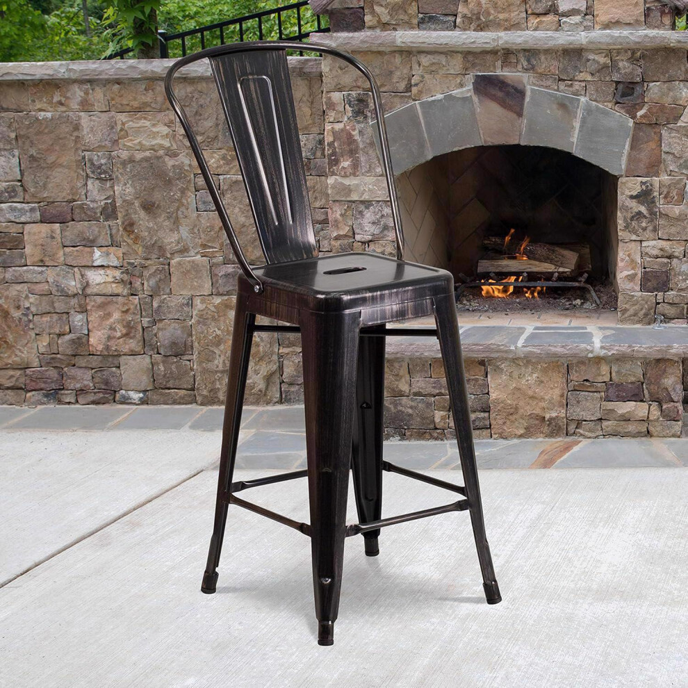 Set Of 4 24" Black & Gold Bar Stools Galvanised Steel Indoor & Outdoor