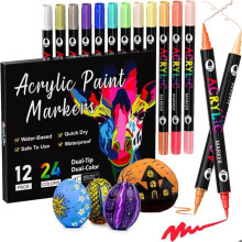 24-color dual-tip markers, Tooli Art permanent acrylic markers for rocks, stones, wood, glass, canvas, paper, ceramics