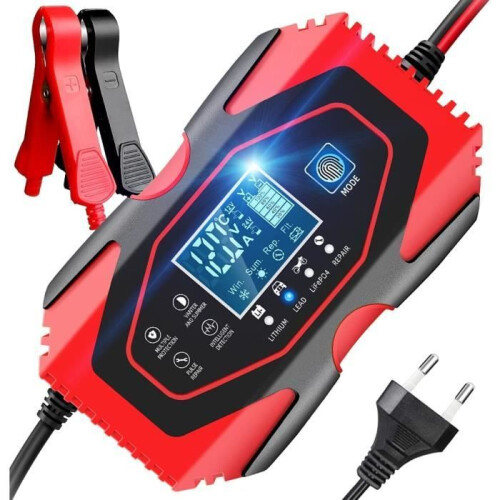 6A 12V/24V Car Motorcycle Battery Charger with Repair Function, Multiple Protections, LCD Touch Screen, Red