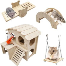 Wooden hamster toy set, playground with house and hanging bridge for hamsters, guinea pigs and chinchillas