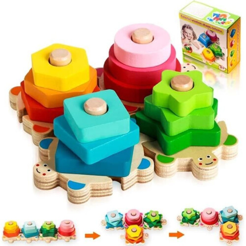 Wooden educational game for 1-year-olds, shape sorting and stacking puzzle - LECOO
