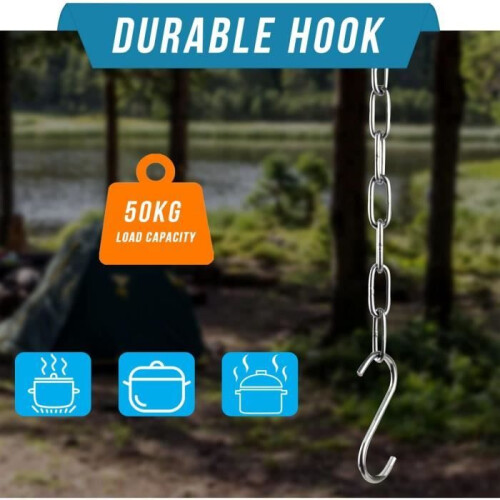 Portable campfire stand, cookware holder, with adjustable hanging chain, silver 2