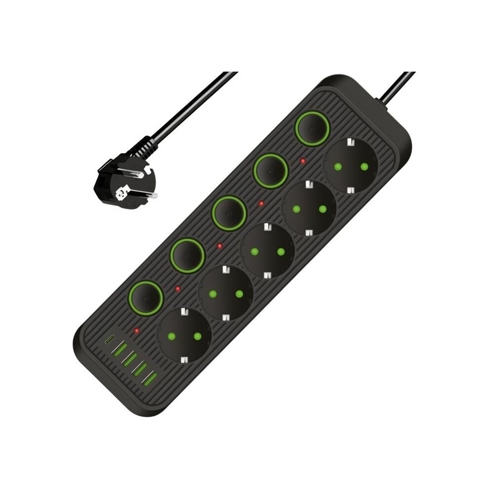BYONDSELF 2500W Power Strip, Socket with 5 Individual Switches, 5 Outlets, 4 USB Ports, 1 Type-C Port, 2m Cable