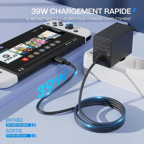 Power Adapter for Switch/OLED/Lite Console, PD Charger, Supports TV Mode, Fast Charging, USB Type-C 15V/2.6A Power Supply 1