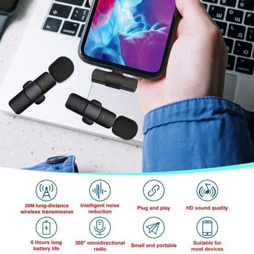 Wireless lavalier microphones for iPhone and iPad, plug-and-play microphone, automatic connection and intelligent noise cancellation 2
