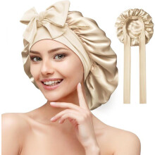 Double-Sided Mulberry Silk Sleep Cap for Long Hair, Breathable and Soft, with Adjustable Strap – Light Gold, Light Gold