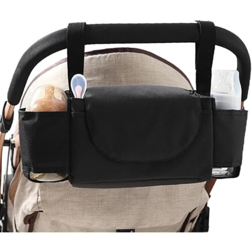 Universal stroller storage bag with insulated cup holders and shoulder strap.