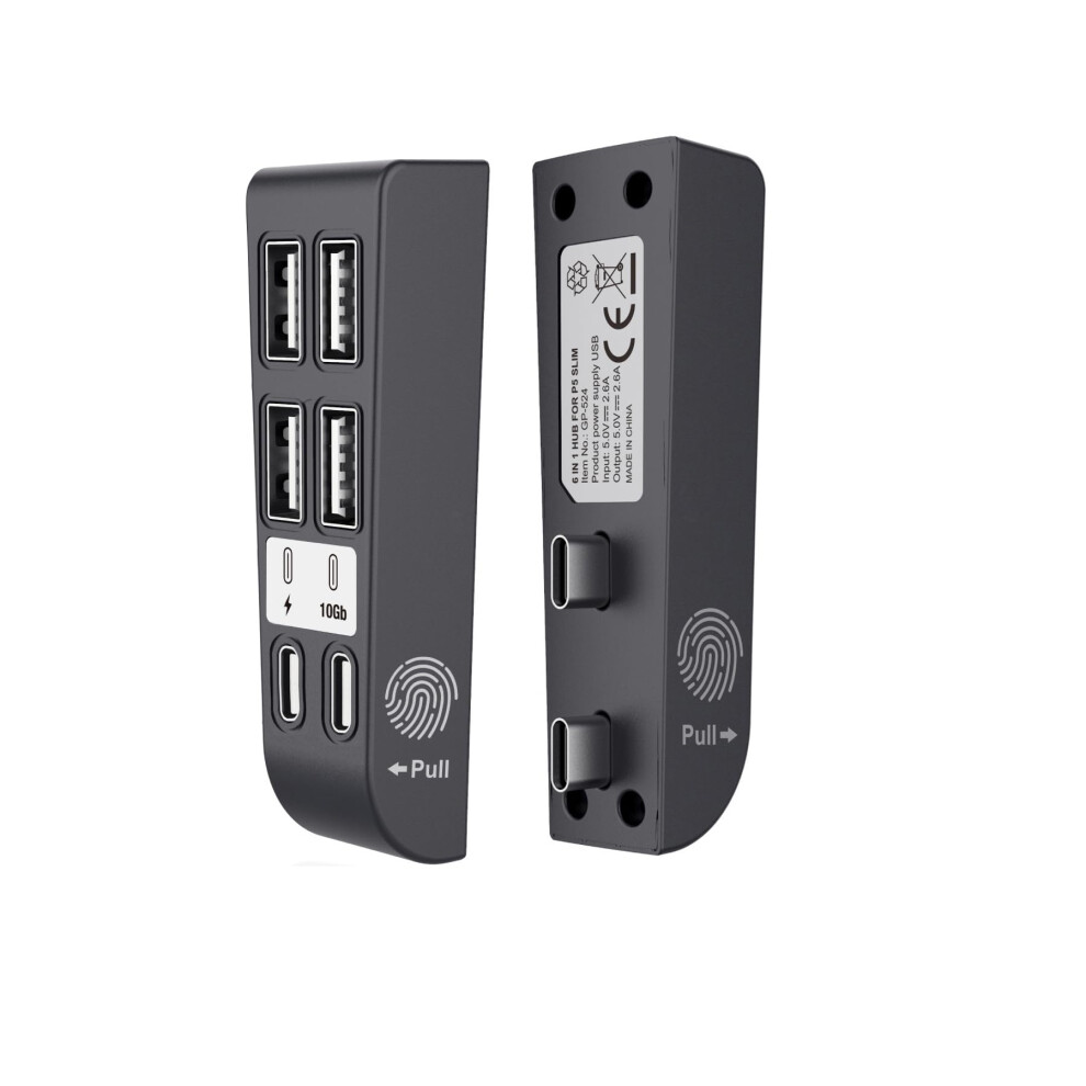 PS5 Slim USB Port Expander, 6 in 1 Multiple USB Hubub for PS5 Slim Console Data Transfer Port + Type-C Ports + USB Charging Port Expansion Hub (Black)