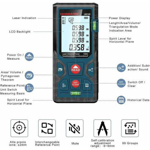 LM100 100m digital laser distance meter, measures length, area and volume, LCD backlight, VHV 1
