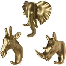 Set of 3 wall hooks with elephant, giraffe and rhino heads – gold animal coat rack VHV