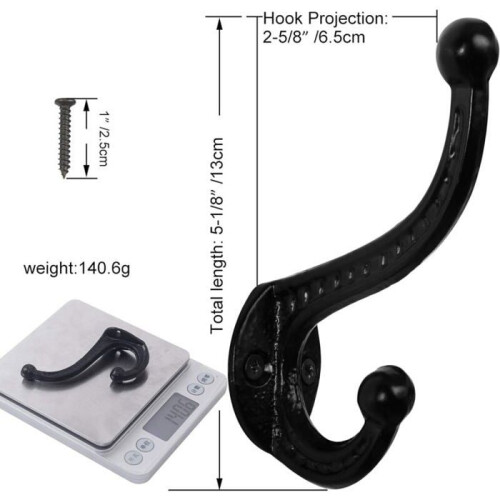 Cast iron wall hook, large hook, metal hook, wall hook, set of 5, black, VHV 1