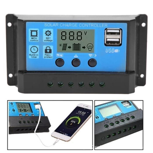 Blue automatic PWM solar controller with LED electronic microcontroller for outdoor off-grid solar systems 1