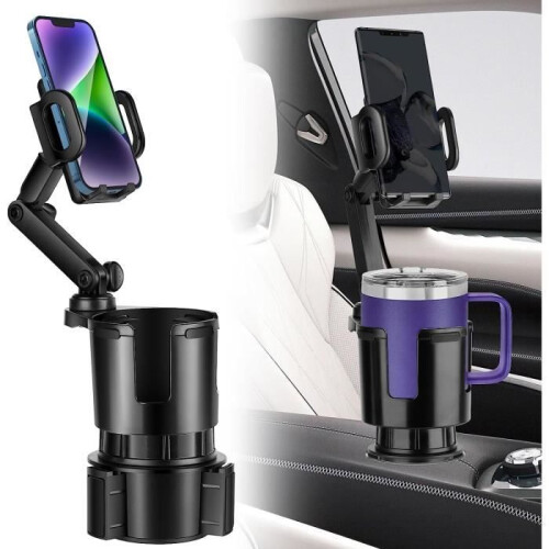 2-in-1 car phone holder, cup holder, black, 360 rotatable, compatible with multiple formats