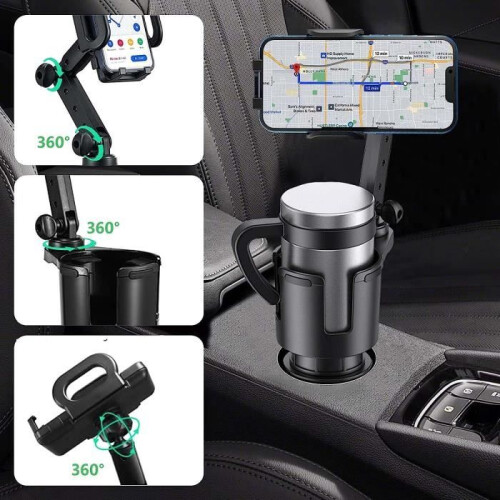 2-in-1 car phone holder, cup holder, black, 360 rotatable, compatible with multiple formats 2