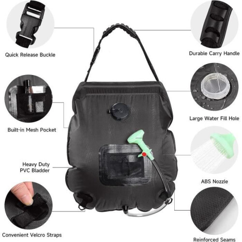 Solar camping shower - 20 L - with temperature display - Portable black 1