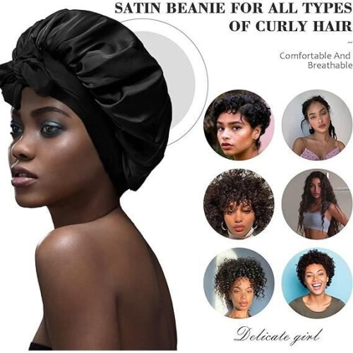 Satin Sleep Cap for Natural Hair – Black – Adjustable Head Size – 2-Pack 2