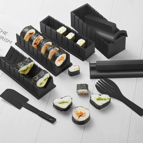 Sushi set, 10-piece plastic sushi set with fork and spatula, DIY sushi set, black 1