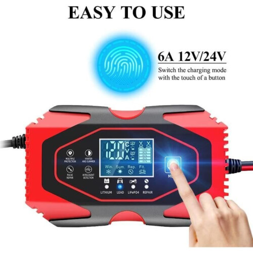 6A 12V/24V Car Motorcycle Battery Charger with Repair Function, Multiple Protections, LCD Touch Screen, Red 2