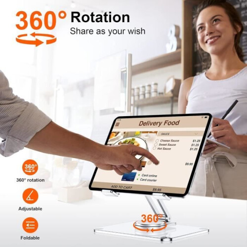 Acrylic tablet stand with 360 rotatable base, foldable and adjustable, transparent, for tablets from 4.7-13 inches 1
