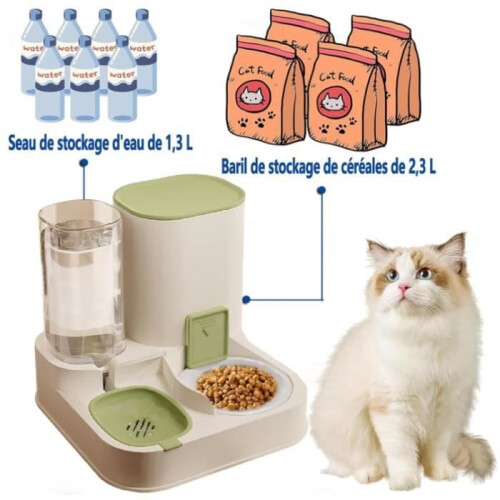 Distributore di cibo per gatti – 2 in 1 – Facile da pulire – Ciotola per bere automatica – Verde 1