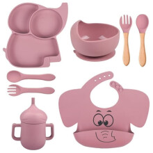 Set per pappe per neonati con ventosa, 8 pezzi, vassoio antiscivolo in silicone con scomparti, cucchiaio e bavaglino, rosa
