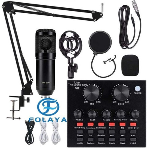 Microfono a condensatore FOLAYA con scheda audio V8, microfono professionale per streaming da studio BM-800 (nero)