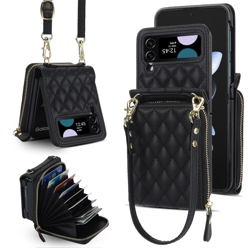 For Samusng Galaxy Z Flip 4 Case, Wallet Crossbody Cute Case With Card Holder Slot, Black 940534618480