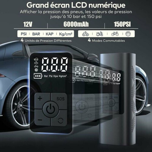 Mini pompa elettrica per aria, 6000 mAh, compressore portatile da 150 PSI con display LCD e luce LED, VHV 1