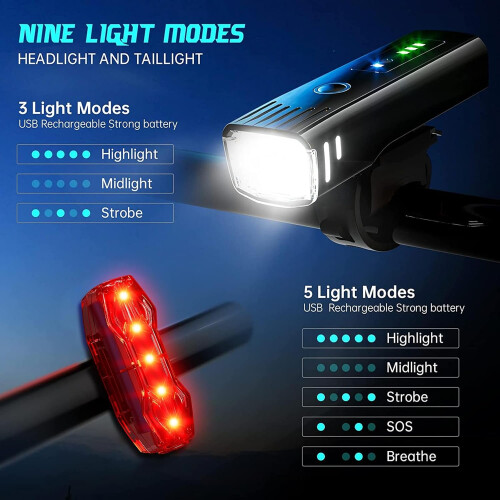 Bike Light Set USB Rechargeable Bicycle Front Headlight and Back Taillight 4 Light Modes(Black) 1