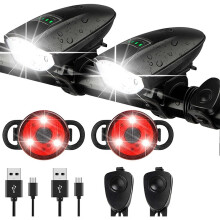 Bike Lights Set USB Rechargeable Bicycle Headlight & Tail Light & Horn Waterproof 3 Lighting Modes(Black)
