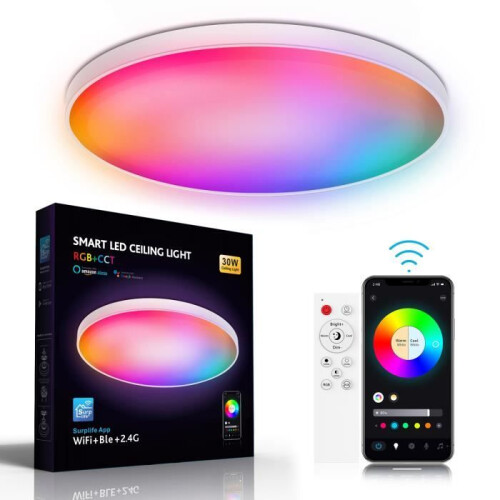 Plafoniera LED RGB intelligente con app Alexa e telecomando, Wi-Fi e Bluetooth, 30 W