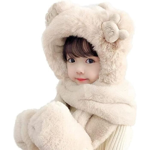 Cappello invernale, sciarpa e guanti in peluche per bambini - Marca - Modello - Beige - Antivento - Caldo