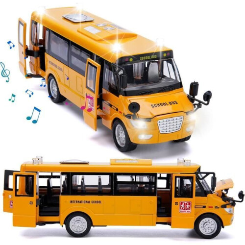 Scuolabus giocattolo – Modello pressofuso – 23,5 cm – Luci e suoni – Porte apribili – Giallo