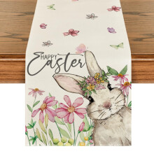 Daisy Bunny Rabbit Easter Table Runner, Seasonal Spring Kitchen Dining Table Decoration for Home Party Decor 13x72 Inch