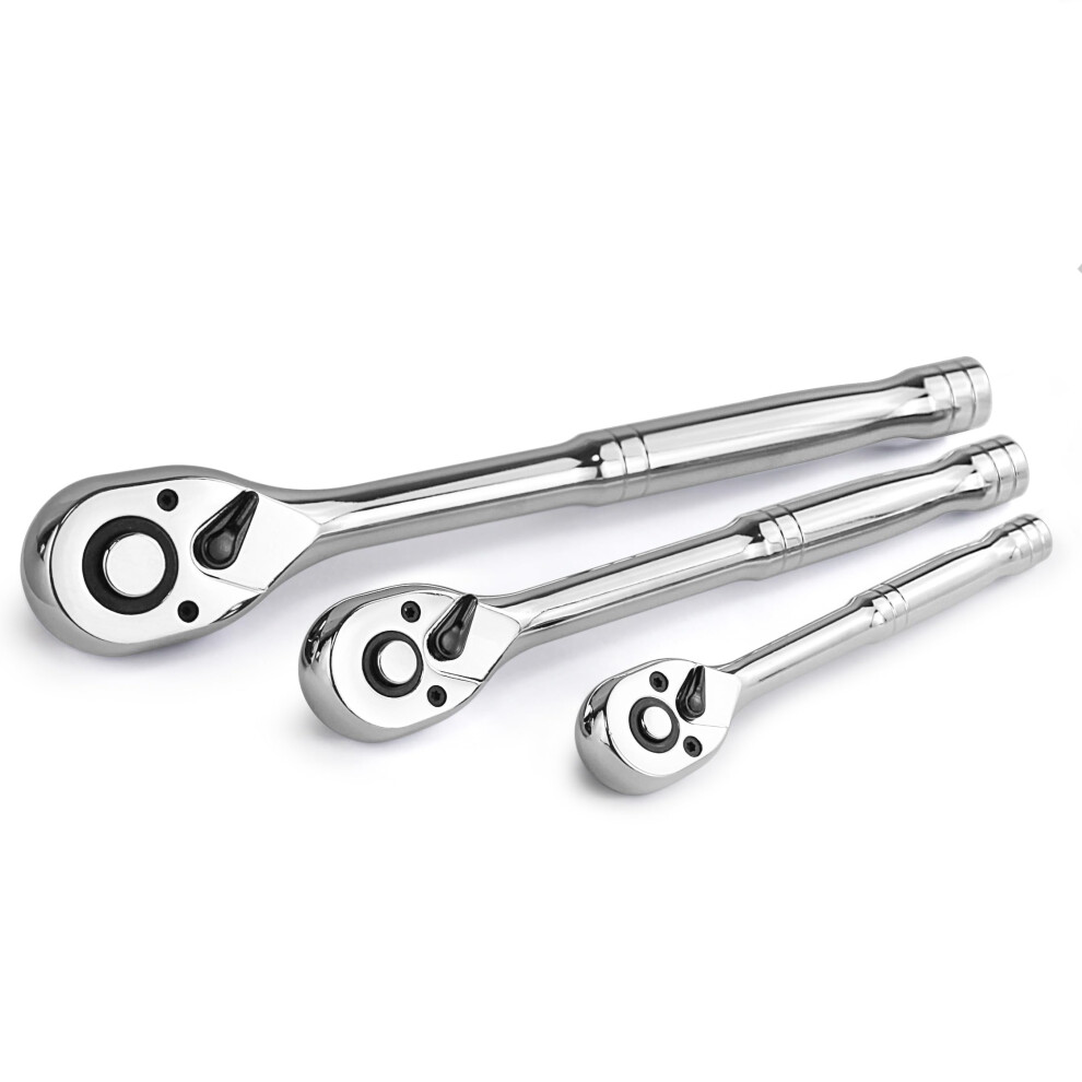 3Piece Quickrelease Ratchet Wrench Set, Drive Ratchet Set, 1/4', 3/8', 1/2' 72Tooth, Alloy Steel, 5 Degree Swing 820064721303
