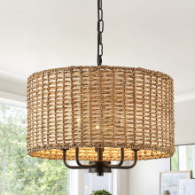 5 Lights Chandeliers 18' Rattan Light Fixture with Drum Woven Shade, Boho Chandelier for Kitchen Island