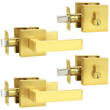 Satin Gold Exterior Door Locksets Square, Front Door Passage Handle and Double Cylinder Deadbolt Set Keyed Alike, Brushed Brass, 2 Pack