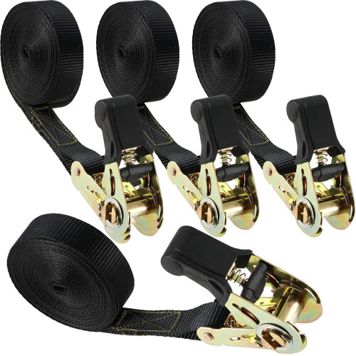 4 Pack 20 Ft x 1 Inch Endless Ratchet Tie Down Straps, Black Polyester, 1760 Lb Break Strength