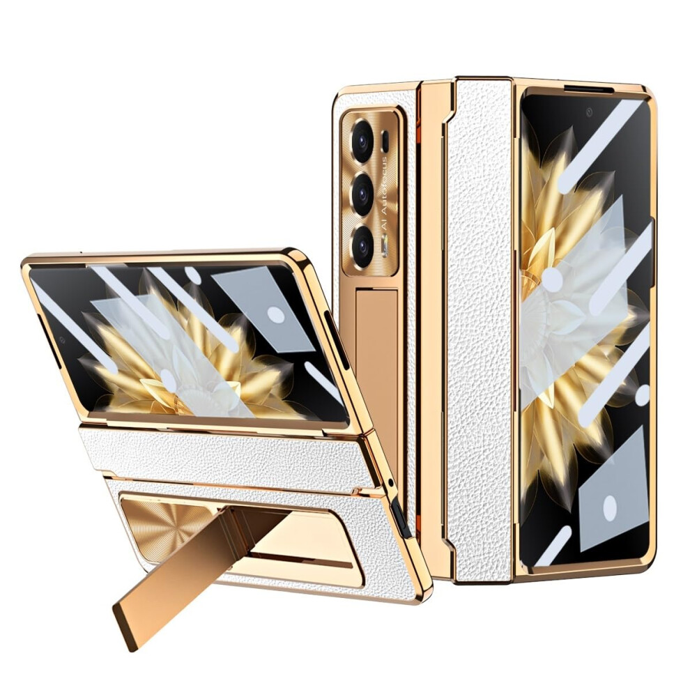 For Huawei Honor Magic V2 Hinged Case With Kickstand,Luxury Leather Full Protective Case (White) White 820064731333