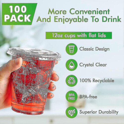 100 Sets Of 12oz Clear Plastic Cups with Flat Lids - Disposable Drinking Cups for Ice Coffee, Smoothie, Slurpee, Or Cold Drinks 2