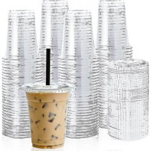100 Sets Of 12oz Clear Plastic Cups with Flat Lids - Disposable Drinking Cups for Ice Coffee, Smoothie, Slurpee, Or Cold Drinks