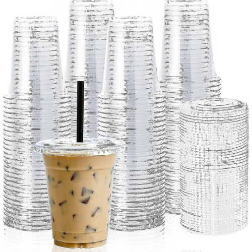 100 Sets Of 12oz Clear Plastic Cups with Flat Lids - Disposable Drinking Cups for Ice Coffee, Smoothie, Slurpee, Or Cold Drinks
