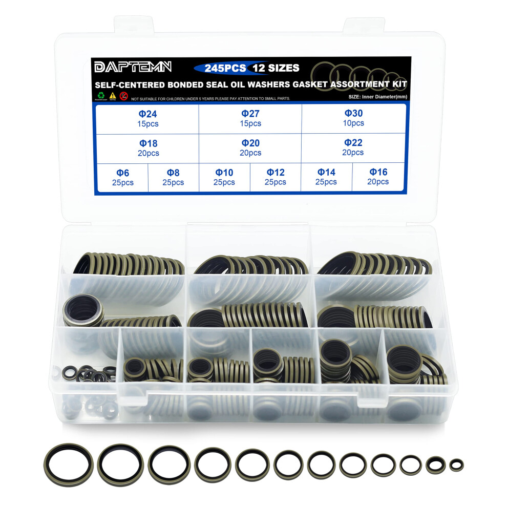 Bonded Seal Washer, Nbr Metric Metal Automotive Sealing Washers Assortment Kit, 245Pcs 940534633742