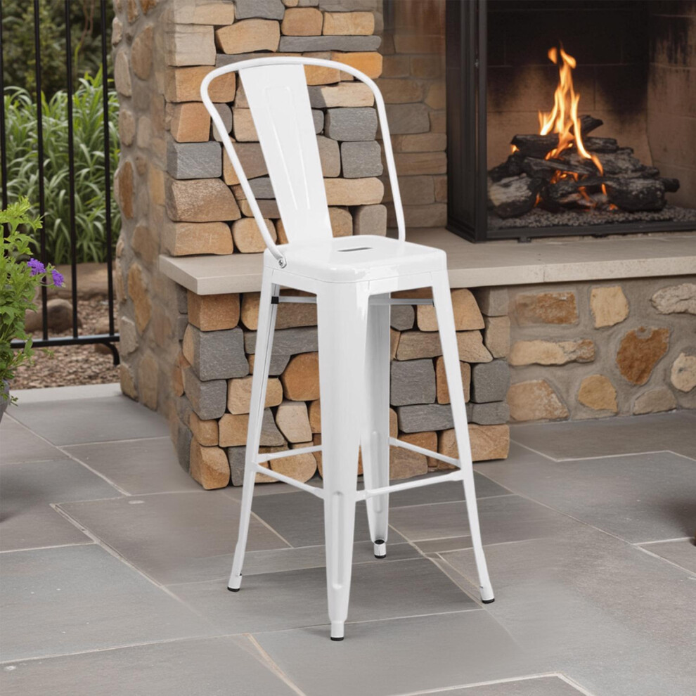 Set of 4 White 30" Metal Dining Stools Galvanised Steel Indoor and Outdoor